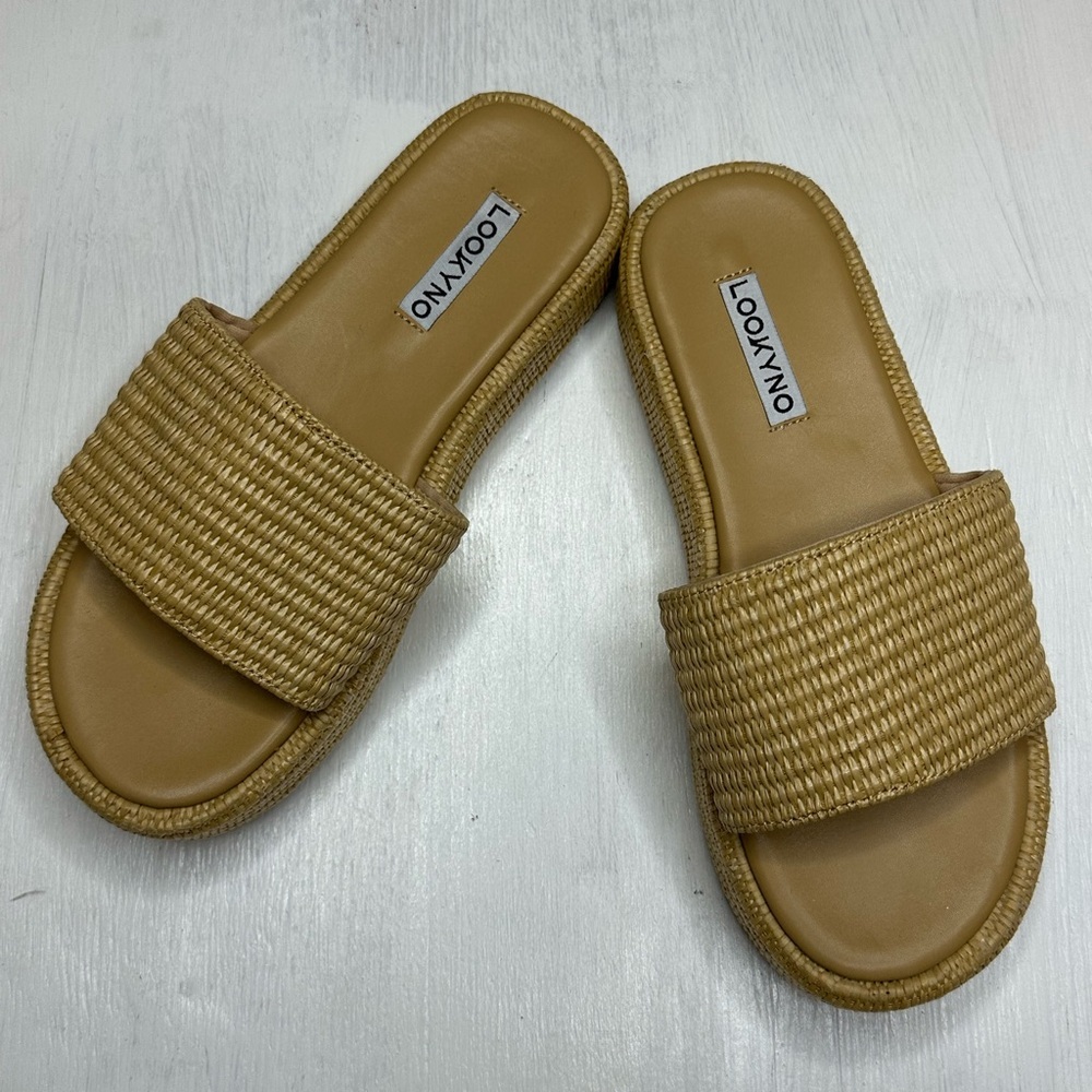 Lookyno Raffia Slide Sandals Women’s EU 37 Tan Woven Platform Summer Shoes